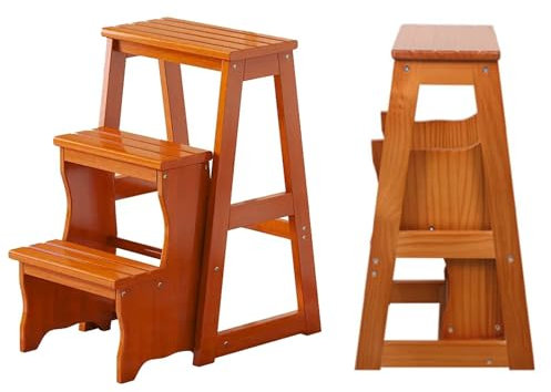 GXXINGIN 3 Step Solid Wood Folding Ladder Chair, Protable Wooden Step Stool, Convertible Folding Chair Step Stool Display Stand for Adults Office Home Kitchen Outdoor (Walnut 77cm(303))