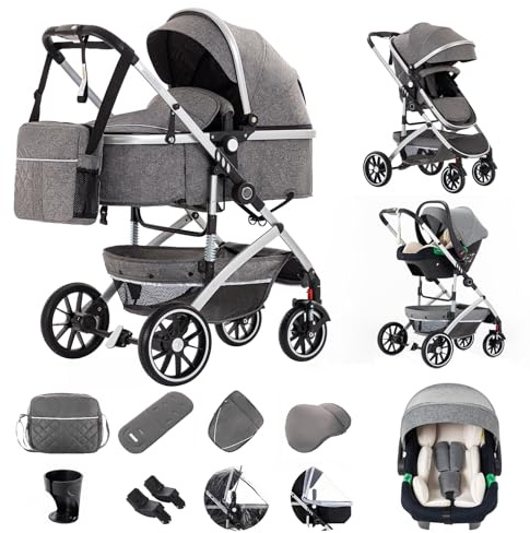 Gcarebb Passeggino 3 in 1 con seggiolino auto, portatile, con un clic, pieghevole, con telaio in alluminio, per neonati da 0 a 4 anni
