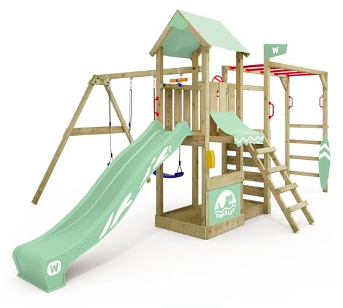 WICKEY Spielturm Klettergerüst Smart Baboon mit Schaukel & Rutsche, Outdoor Kinder Kletterturm mit Sandkasten, Leiter & Spiel-Zubehör für den Garten (Pastellgrün)