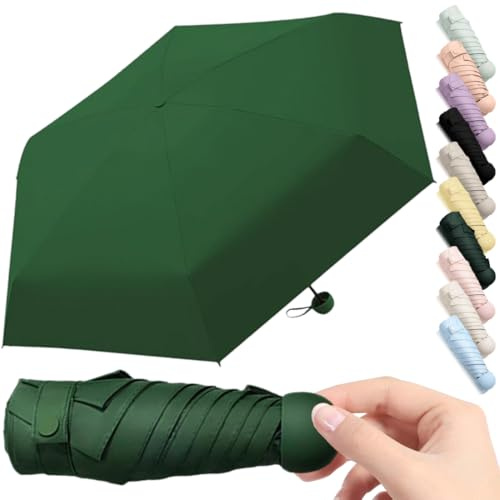 Thryviel Kompakt paraply, mini väskparaply, 6-ribbad fickparaply, UV vindskydd vikbart reseparaply – 90 cm diameter, ultralätt för resor och vardag, för män och kvinnor, 08-mörkgrön