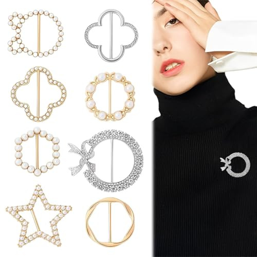 JEYORZY 8 Pcs Clip per Anello per Sciarpa, Fermaglio per Fibbia ad Anello per Sciarpa con Perle,Anelli per Cravatte per Magliette Circolari,Fermaglio Indumento Angolo Fibbia per Abbigliamento da Donna