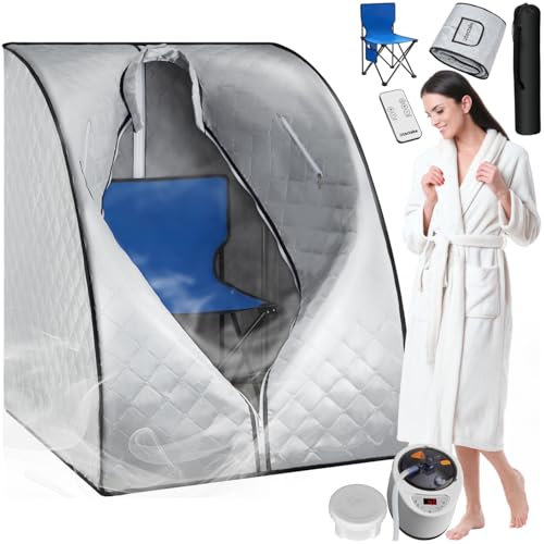 TecTake® Sauna à Vapeur Pliable et Portable 90 x 78 x 100 cm, Sauna Portable 1000W 15 températures et minuterie, Appareil à Vapeur, Télécommande, Chaise Pliante, Tapis Protection, 2 Sacs de Transport