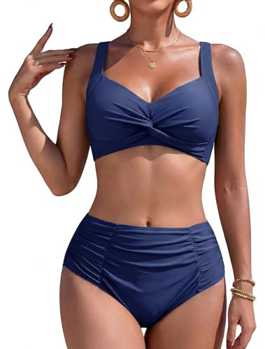 FemiChic Costume Donna Due Pezzi Vita Alta Pancia Piatta Bikini Set Sexy Push Up Twist Costumi da Bagno Donna per Estate Spiaggia Beachwear(Blu Marino,XL)