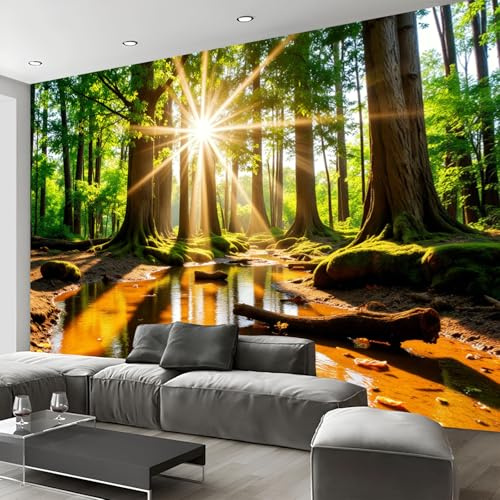 Sol Bosque Papel Pintado Fotomurales Para, Tranquilidad Natural Papel Tapiz Pintado En Tejido de seda - Pared Moderna, Amarillo Dorado Murales Fotográficos Decorativos - 400 x 280 cm