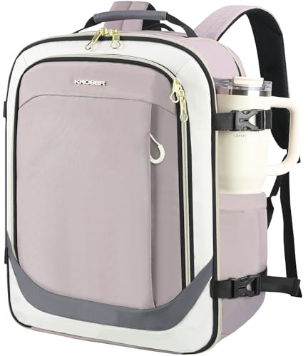 KROSER Laptop ryggsäck skolryggsäck ryggsäck vattentät laptopväska med USB-laddningsport, Beige/gammelrosa/grå, 17,3 Zoll