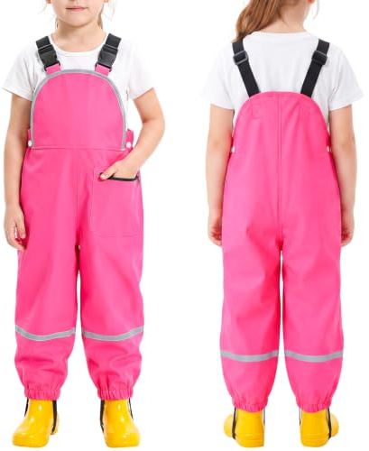 FILOWA Kids Waterproof Trousers Lightweight Bib Overalls, 2-7 Years | Rain Dungarees, with Reflective Strip Pocket, Breathable Rain Pants, Soild Color Mud Pants, Outdoor Overalls for Toddler