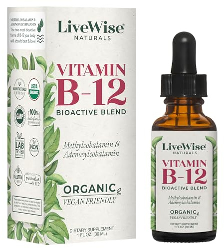 Organic Vitamin B12 1000 mcg Sublingual Liquid Drops For Adults, 6 Months Supply 1 oz, Methylcobalamin & Adenosylcobalamin - Bioactive Blend for Energy, Clarity & Focus - Vegan, Non-GMO, Unflavored