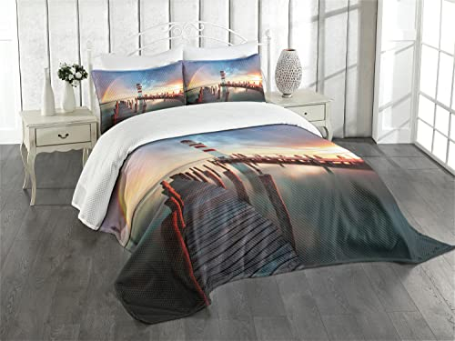 ABAKUHAUS Leuchtturm Tagesdecke Set, Wolken Sonnenuntergang am Meer, Set mit Kissenbezug luftdurchlässig, für Einzelbetten 170 x 220 cm, Orange Grün Blau
