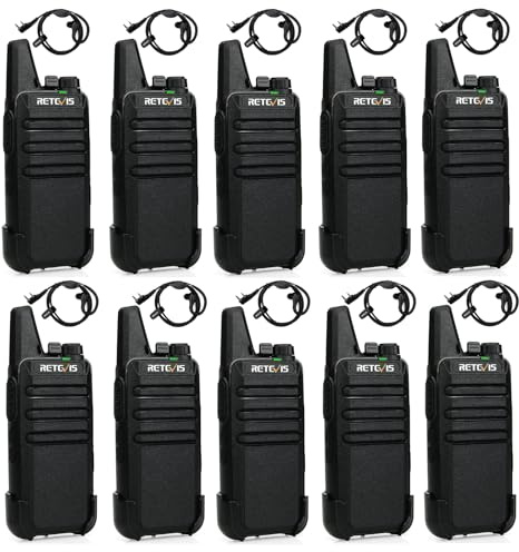 Retevis RT622 Walkie Talkie, Mini PMR446 Licencia Libre, 16 Canales CTCSS/DCS, Monitor VOX Escanear, Recargable Radio Bidireccional con Auriculares para Fábricas, Almacenes (Negro, 10 Piezas)