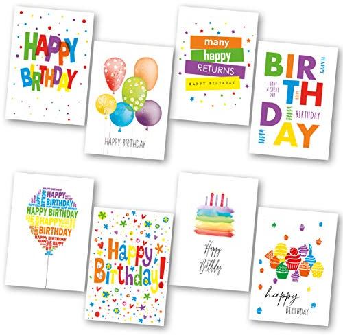 Birthday Cards Multipack of 32. Each Birthday Card Box Includes 8 Colourful Happy Birthday Card Designs. Blank Inside. Bulk Birthday Cards and Envelopes by Absolutely Yours.