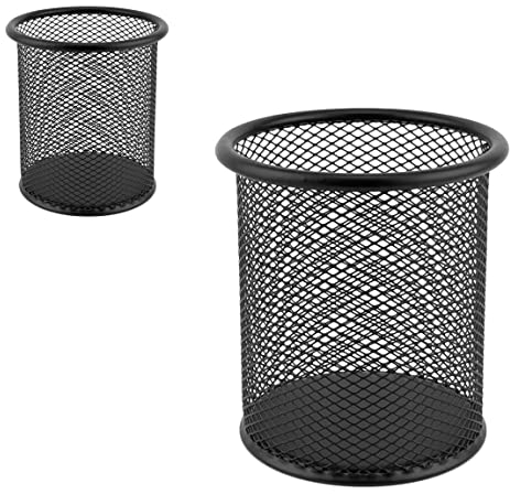 D.RECT - 2 Stück - Metall Stifteköcher | Stiftehalter rund aus Drahtmetall | Mesh Multifunktions Becher für Kugelschreiber Ø91 mm Schwarz