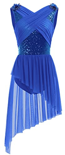 AFAVOM Women's Lyrical Dance Costume Sleeveless V-Neck Sequin Flower Lyrical Dance Dress Asymmetric Flowy Mesh Tulle Skirt Contemporary Dance Costumes Ballet Leotard Dancewear Royal Blue S