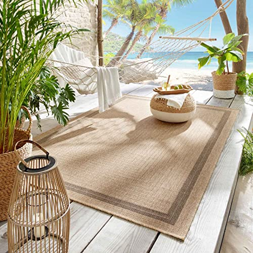 Taracarpet Outdoor & Indoor Teppich für Wohnzimmer Balkon Terrasse wetterfest Borneo Sisal-Jute-Optik naturfarben Natur Bordüre 080x150 cm