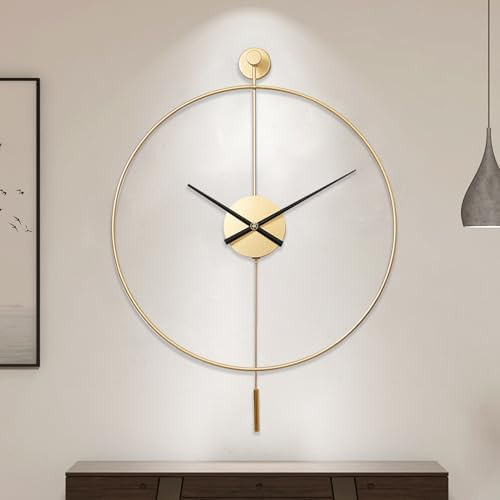 TickTime Classical Large Decorative Wall Clock with Pendulum, Modern Non-Ticking Silent Metal Wall Clocks for Living Room, Bedroom, Study, Office, 24in/60cm(Gold)