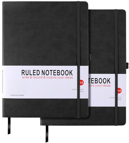 HIJYOO 2 Pack Notebook A4 Lined Journal Notebook Hardcover Notepad A4 with Bookmark, Pen Loop, and Elastic Closure, Note book for Women Men Work Office School, 8.3 X 11.35, (Black+Black)