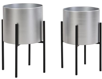 Vente-unique - Lot de 2 Cache-Pots sur Pied en métal - D.25 x H.39 et D. 23 x H.35.5 - Argenté et Noir - EDMEE