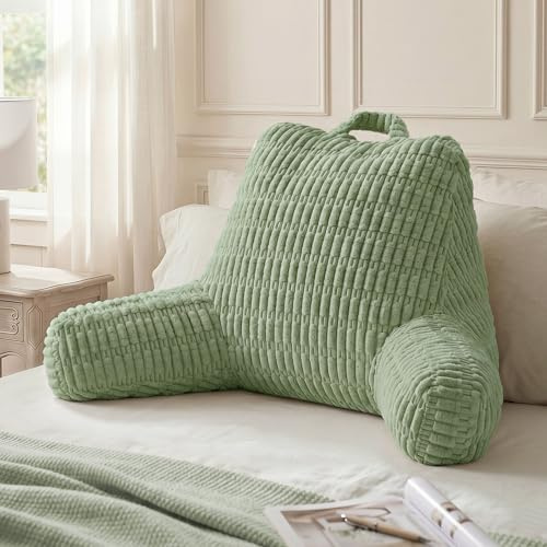 Blissful Diary Reading Pillow, Backrest Pillow with Shredded Memory Foam for Adult & Children, Designed for Bed and Couch Sitting Up, Includes Arms, Pockets and Washable Cover, Sage Green
