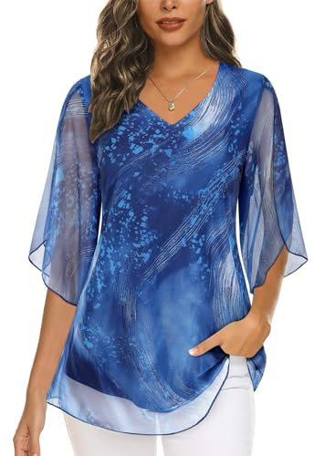 Syphiby Chiffon Blouses for Women uk Business Casual Ruffle 3/4 Sleeve Tops for Women Formal Tops Plus Size Tunic Tops Mesh Loose Fitting Tops Elegant Ladies Evening Tops