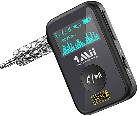 1Mii Aux Bluetooth Adapter Auto, Bluetooth 5.3 Empfänger mit LDAC, OLED-Bildschirm, Dualer Kopplung, 14 Std. Akkulaufzeit, Freisprechanruf, für Autoradio/Stereoanlage/Lautsprecher