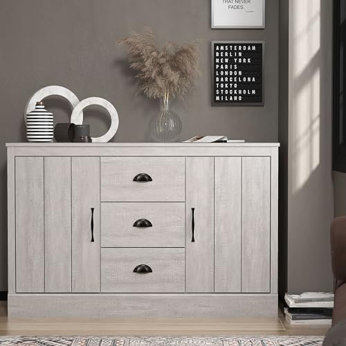Galano Britley 2-Door 3-Drawer Sideboard – Storage Cabinet with Adjustable Shelves – Console Organizer for Living Room, Hallway, or Kitchen – Dusty Grey Oak – 113.0W x 40.7D x 72.0H cm