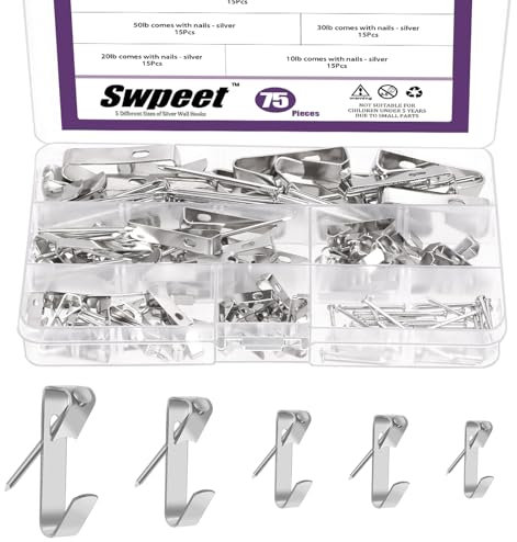 Swpeet 75Pcs 5 Sizes 10lb/20lb/30lb/50lb/100lb Silver Picture Hangers with Nails Assortment Kit, Metal Picture Hanging Hooks, Heavy Duty Frame Picture Hooks, Picture Hanging Hardware for Drywall