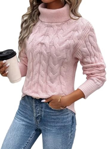 seiveini Rollkragenpullover Damen Strickpullover Langarm Grobstrickpullover mit Zopfmuster Pullover Elegant Pulli Winter Sweater A Rosa M