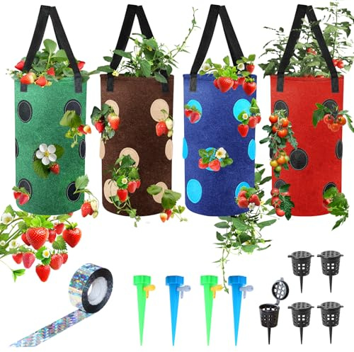 YZNlife Macetero de tomate al revés, paquete de 4 macetas colgantes de fresas de 3 galones, bolsas de cultivo de tela de aireación duradera para verduras, bolsas de cultivo de fresas
