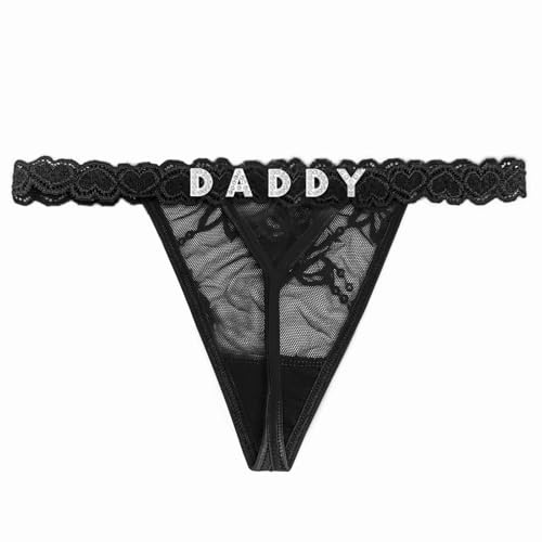 Eoribag Women's Personalized Lace Thongs with Funny Rhinestone Letters, Custom Name Underwear Panties for Couples，Christmas & Valentine's Day Gift，Black