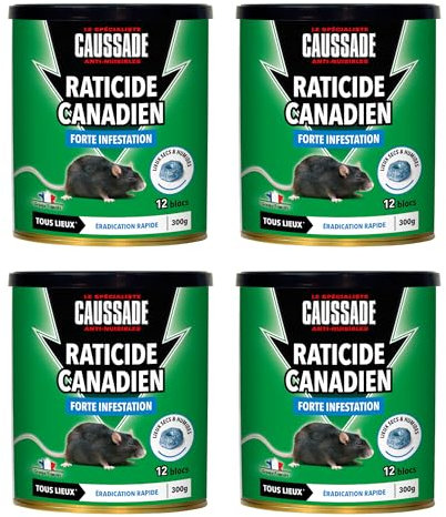 CAUSSADE Raticide Canadien - Anti Rats - Efficacité Radicale - Tous Lieux - 48 Appâts Blocs Pâtes Flocoumafen - Prêt à l'emploi - Une Ingestion Suffit - Fabriqué en France - 4x300g CARPT300X4