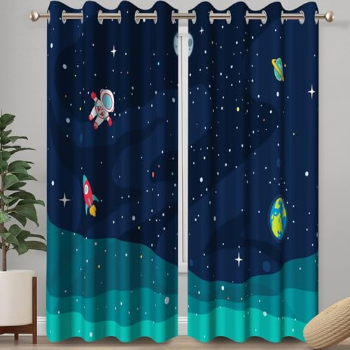 Ttincceer Cortinas Opacas 107x160cm con diseño de Galaxia de Dibujos Animados para niño, Espacio Exterior, Astronauta, Planeta, Cohete, Cortinas Opacas con Aislamiento térmico