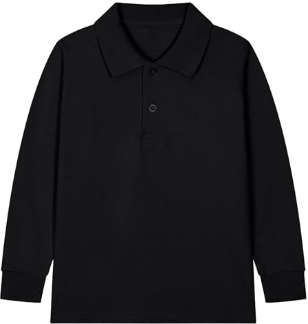 duxyoz Black Kids Long Sleeve Pique Polo Plain Casual School Shirts Childrens Polo Shirt Soft Jersey Uniform Tops Solid Color Performance Polos Button Down Lapel Collar T-Shirs Formal 14-15 Years