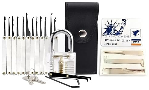 20-Piece Lockpicking Set with Transparent Padlock - Professional Lock Picking Kit for Beginners, Experts - Portable Mens Gadgets for Security and Training