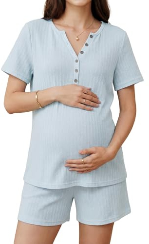 OUGES Women's 100% Cotton 2 Piece Maternity Nursing Pajama Sets Pregnancy Postpartum Loungewear with Pockets(Light Blue,M)
