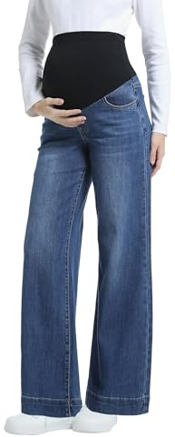 Gowjog Jean Grossesse Femme Taille Haute Jambes Larges Pantalon Grossesse avec Poches Bleu Foncé XXL