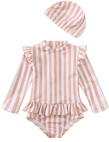 Generisch Traje de baño niña niño niño bebé niña traje de baño floral manga larga 1 pieza traje de baño bikini tankini con sombrero, Rosa claro., 12-24 meses