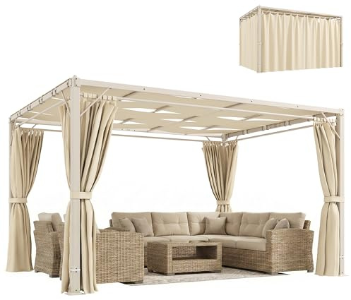 Outsunny Pérgola de Jardín 3x4 m, Cenador de Jardín con Techo Ondulado, 4 Cortinas Extraíbles, Protección UPF50+ y Estructura de Acero Resistente, Pabellón para Exterior, Patio, Terraza, Beige