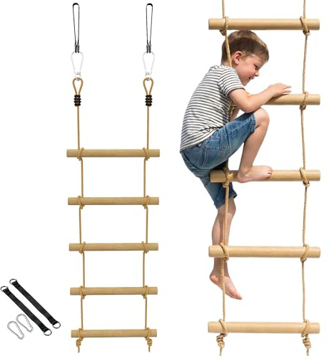 AIYAPLAY Scala di Corda 1.8m, Accessori per Altalene, Corda per Parco Giochi Esterno, Arrampicata a 5 Pioli per Bambini con 2 Moschettoni e 2 Cinghie per Alberi