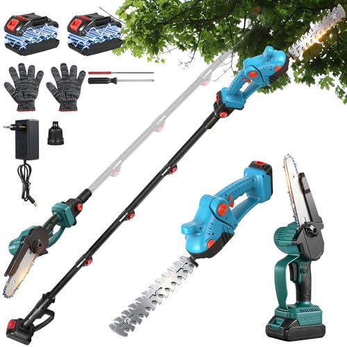 Motosierra y Cortasetos Bateria Telescopico, 4 en 1 herramientas de jardín, Electrica Motosierra con 2 * 2000mAh, Ajustable 135°, Cuchillas de Doble Acción, para Cortar Jardines Arbusto y Ramas