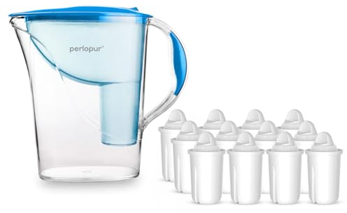 Standard-Wasserfilter PearlCo (blau) mit 12 Classic Filterkartuschen - Reduzierung von Kalk, Chlor, Blei & Kupfer - kompatibel zu Brita Classic - Made in EU