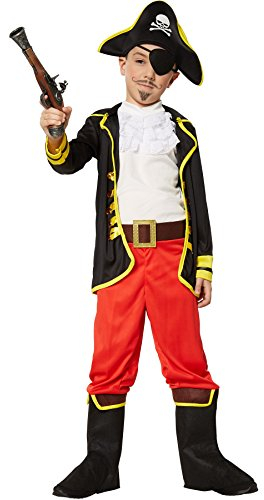 dressforfun 900356 - Jungenkostüm Piratenprinz, langärmelige Jacke, Rüschenhemd, Hose mit Stiefelstulpen und Gürtel, inkl. Hut und Augenklappe (128 | Nr. 301760)
