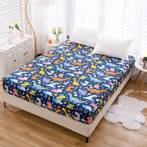NATURETY Bedding Fitted Sheet with Deep Pocket,Dino Printed Thicken Fabric Bed Sheets (Navy Blue(Dinosaur), King)