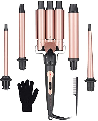 Wand Curling Iron Hair Crimper, Emocci Pro Large 3 Barrel (0.35-1.25 Ceramic Barrel) Hair Crimper for Women Beach Waves Instant Heat Hair Waver Set for Long Hair Curlers 5-in-1 Curling Wand Set