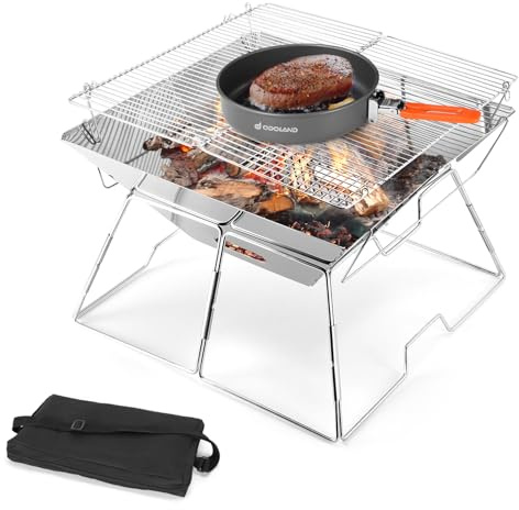 Odoland Folding Campfire Grill, Camping Fire Pit, Outdoor Wood Stove Burner, 304 Premium Stainless Steel, Portable Camping Charcoal Grill with Carrying Bag for Backpacking Hiking Travel Picnic BBQ