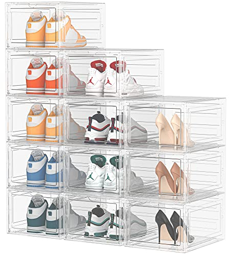 HOMIDEC Scatole per scarpe, 12 pezzi, scatole portaoggetti per scarpe impilabili in plastica trasparente, contenitori per organizer per scarpe con coperchi per donne e uomini