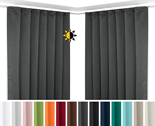 BEAUTEX 2er Set Kräuselband Verdunkelungsvorhang mit U-Band, Gardinen abdunkelnd und Blickdicht (B=140 cm, H=145 cm, Dunkelgrau)