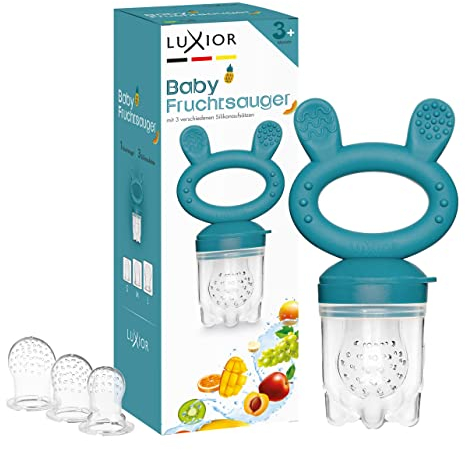 Luxior Fruchtsauger Baby Set tropical | Fruchtsauger für Baby + 3 Aufsätze | Schnuller zum Befüllen mit Obst, Gemüse, Brei & Baby Essen | Fruchtsauger Baby ab 3 Monate | BPA-freie Zahnungshilfe