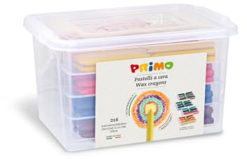 PRIMO - Pastelli a Cera Colorati in Valigetta da 216 Pezzi con 12 Colori per Bambini +3 Anni, Pastello ad Alta Resistenza e Durata per Cartoleria e Lavoretti Creativi per Bambini, non Sporca le Mani