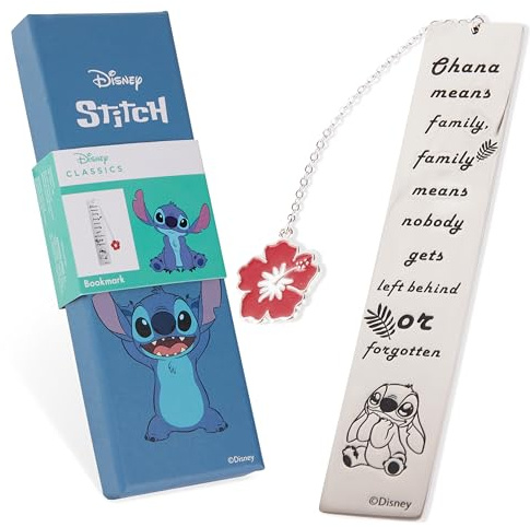 Disney Stitch Marque Pages avec Citation Inspirante et Breloque Marque Page Metal Cadeau Bureau Accessoire Lecture Livre pour Femme Fille Ado (Argent Stitch)
