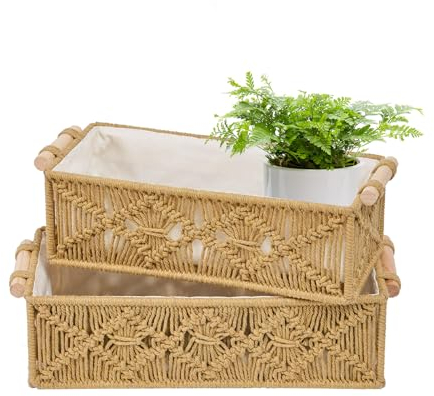 BASVII Set di 2 Cestini Portaoggetti Intrecciati, Stile Bohémien, Cestino Portaoggetti in Corda di Cotone Fatti a Mano, Può Essere Usato Come Piccolo Cestino Decorativo, Cesto Portaoggetti (Marrone)