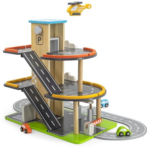 Garage de stationnement en bois à 3 niveaux avec route de jeu, ascenseur, station de lavage, 3 voitures, 1 hélicoptère, 1 barrière, station-service